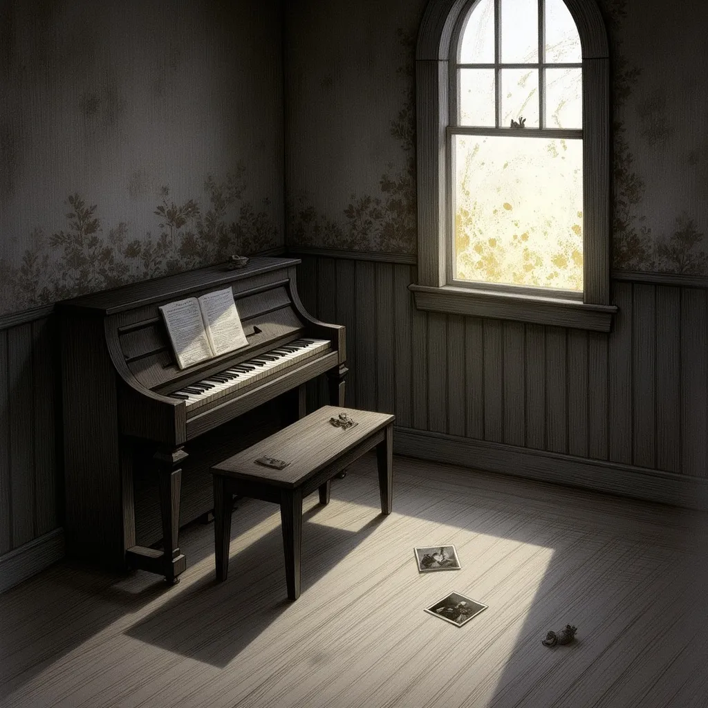 Prompt: In an empty, dimly lit room, a piano sits in the corner, covered in dust and cobwebs. A single sheet of yellowed music lies on the bench, crumpled and forgotten. Light filters in through a cracked window, casting soft beams that cut through the darkness, illuminating a few scattered, old photographs on the floor—each one showing fragments of a life once filled with love, laughter, and music. The silence is heavy, almost tangible, as if the room itself is holding its breath, waiting for a note that will never be played again. The feeling is one of profound absence, a quiet grief that echoes in the stillness