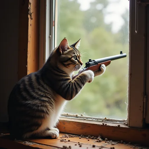 Prompt: Cat holding a rifle aiming out a window.