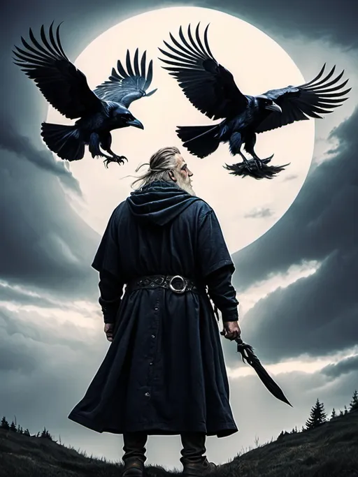 Prompt: Odin the wanderer. Two ravens circling overhead