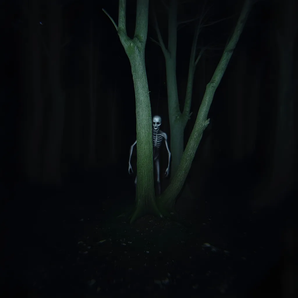 Prompt: Creature (supernatural) standing in the dark, behind a gnarled tree, dimly lit dark forest, ominous shadows creeping in, grainy texture enhancing the eerie atmosphere, cool tone colors, high contrast, intense camera flash illuminating parts of the creature, adding depth, suspenseful ambiance, feeling of lurking danger, highly detailed, 4K quality.