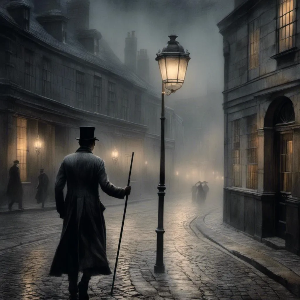 Prompt: <mymodel>(mymodel) man wearing top hat and wielding a cane, walking through old London streets, dark and mysterious atmosphere, moonlit night casting soft silvery light, cobblestone pathways reflecting faint glow, smoky fog swirling around historic buildings, dramatic shadows, high quality, cinematic depth, enchanting and eerie mood, capturing the essence of Victorian elegance.