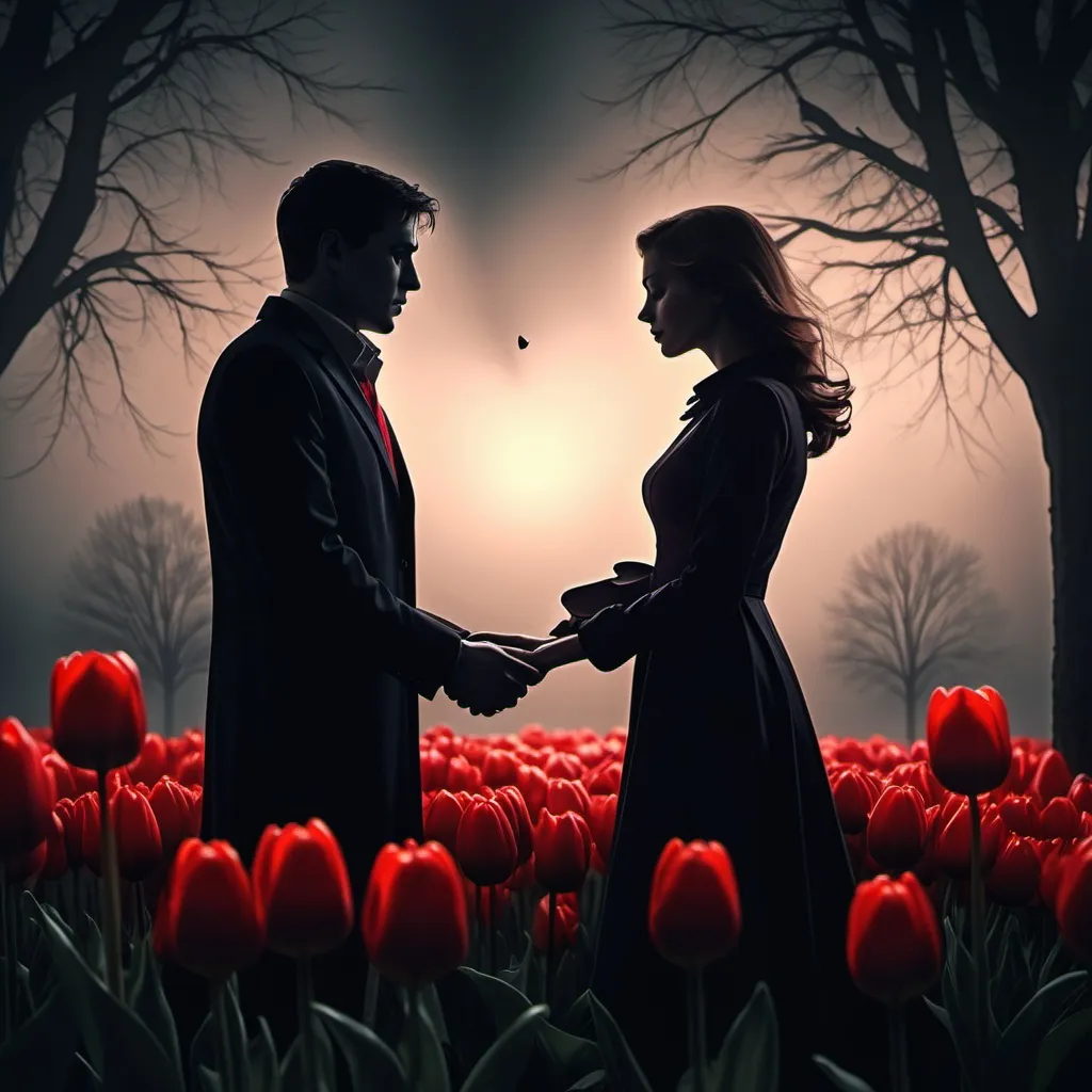 Prompt: Man and woman dark silhouette holding a red tulip