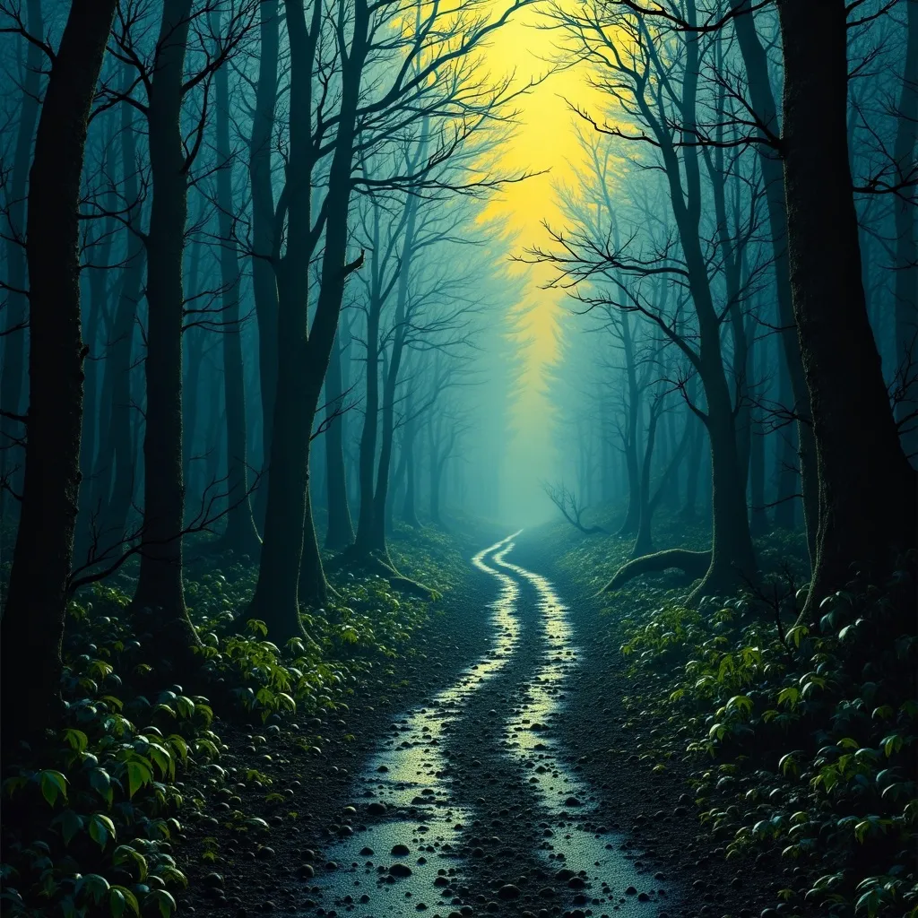 Prompt: (accurately spelled text "Im running towards nothing"), a dirt road winding through a dense, shadowy forest, leading dramatically off a steep cliff, mist enveloping the background, eerie atmosphere, soft golden light filtering through the trees, high-quality, ultra-detailed scene, conveying a sense of urgency and loneliness, deep textures in the earth, nature's raw beauty contrasting with the emptiness ahead.