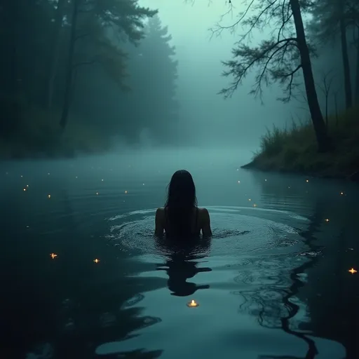 Prompt: Dark silhouette of woman swimming in a misty lake. In a mythical forest, glowing water, glowing vegetation and trees.