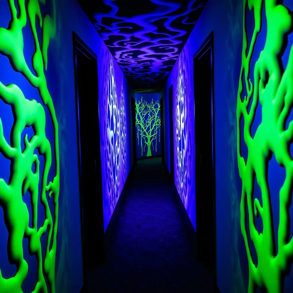 Prompt: Creature in a dimly lit (black light) hallway, eerie atmosphere, glowing details, high contrast colors, haunting presence, surreal shadows, dark edges, mysterious ambiance, intricate designs on walls, possibly abstract art, narrow perspective, (ultra-detailed) 4K resolution, gripping tone, unsettling feel, cinematic quality.