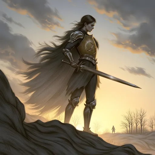 Prompt: A (valiant knight), clad in ornate armor reflecting the gleam of sunlight, wielding a gleaming sword, standing tall on a rugged terrain, dramatic clouds overhead, surrounded by the whisper of ancient trees, embodying bravery and strength, in a fantasy realm, high quality, ultra-detailed, atmospheric ambiance evokes heroism, warm golden and cool gray tones entwined.