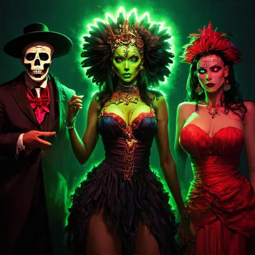 Prompt: Voodoo goddess. Glowing eyes, magical aura. Standing behind her, baron samedi, and  Brigitte.