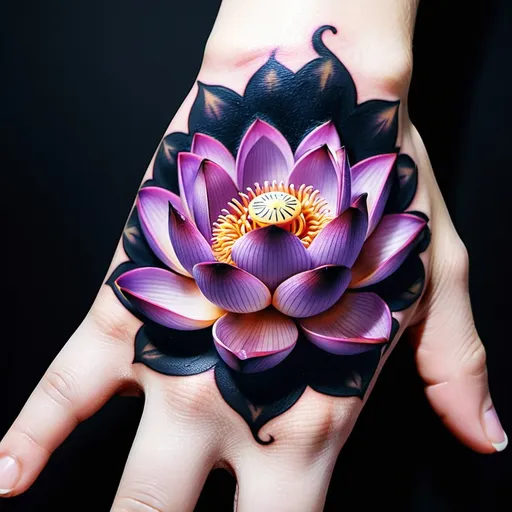 Prompt: Purple lotus hand tattoo black background