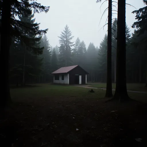 Prompt: dark forest, (single desolate building), run-down architecture, overgrown vegetation, eerie atmosphere, (moody lighting), shadows cast upon the landscape, mist creeping through the trees, (somber tones), contrast between darkness of the forest and the faded colors of the building, (highly detailed), haunting ambiance, (4K) quality, a sense of isolation and abandonment.