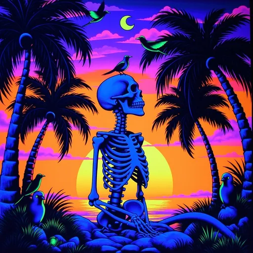 Prompt: (accurately spelled text "Memento Mori" in the ground), (accurately spelled text “Memento Viviere” in the sky) intricately detailed skeleton, deeply contemplative pose, surrounded by vibrant birds, lush palm trees framing the scene, stunning sunset casting warm golden and rich purple hues, serene yet thought making ambiance, soft, cinematic lighting, ultra-detailed, high-resolution, capturing the juxtaposition of life and death.