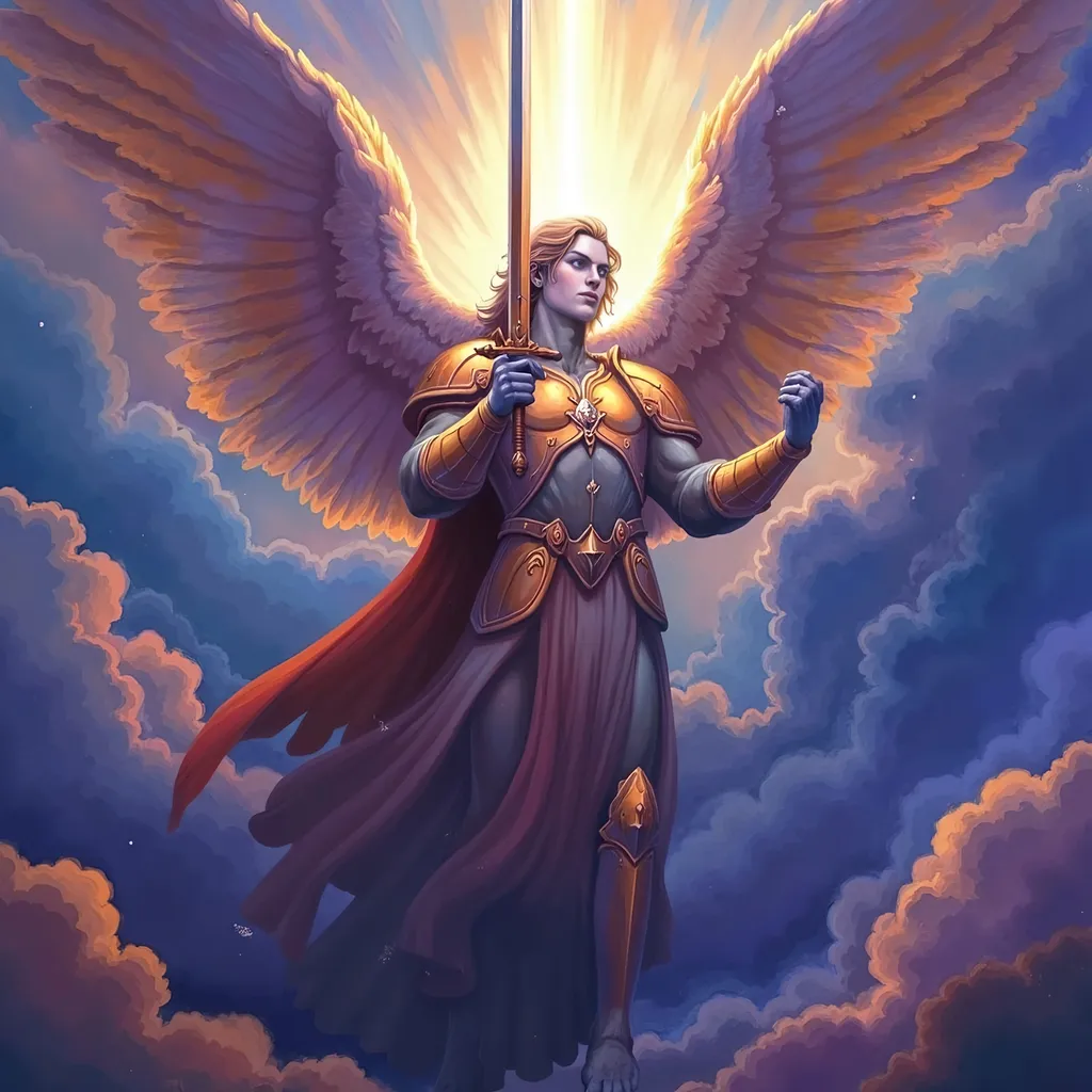 Prompt: Saint Michael the Archangel, (majestic stance), clad in resplendent armor, wielding a gleaming sword, surrounded by ethereal light, powerful wings unfurled, dramatic clouds behind him, (celestial aura), radiant colors with vivid contrasts, uplifting atmosphere, conveying strength and protection, ultra-detailed, high quality, 4K resolution, dynamic and inspiring ambiance. Masterpiece quality, anatomically accurate.