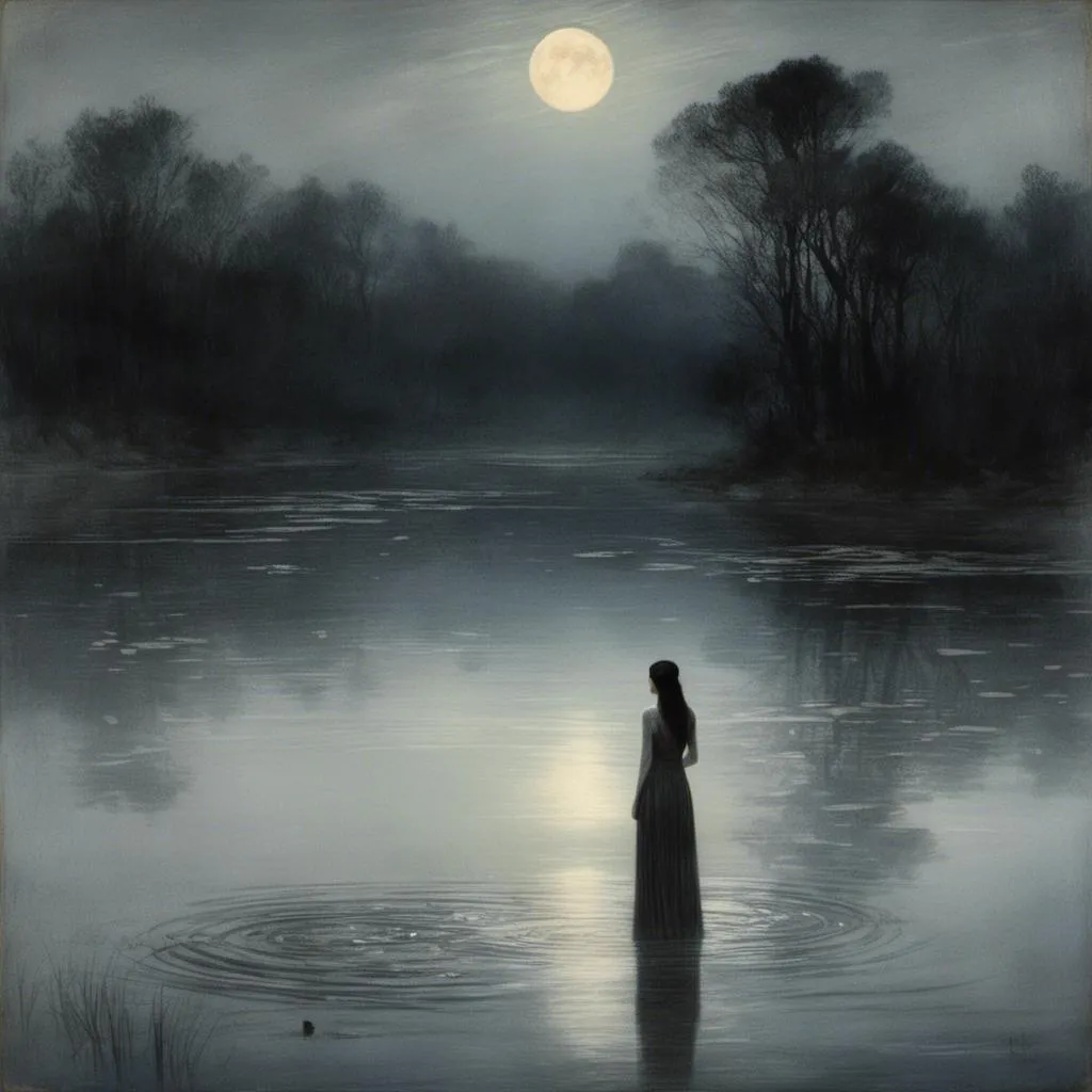 Prompt: <mymodel> dark wooded area tall trees black wood. Moonlight reflecting off a lake. Woman dressed in a black sheer dress, long black hair, porcelain skin, waist deep in the lake, water ripples around her body, Lilly pads scattered on the surface of the lake, moon on the horizon of the lake. Dream like, high resolution, focused detail, masterpiece quality, anatomically correct hands and fingers, light particles floating around the air.