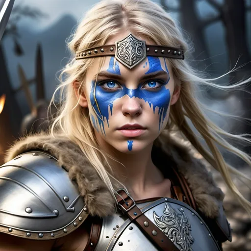 Prompt: Shield maiden, (silver blonde hair), (deep blue eyes), (battle-scarred face), blue face paint, intricate blue body art, wooden shield, fur-covered silver armor plates, (silver blade), (gold-hilted sword), (masterpiece quality), (highly detailed), (anatomically correct), (dramatic lighting), (epic battlefield background), (intense atmosphere), ultra-detailed, vibrant colors.