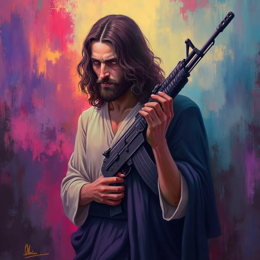 Prompt: Jesus holding an AK-47, (striking pose), dramatic lighting, vivid colors, intense expression.