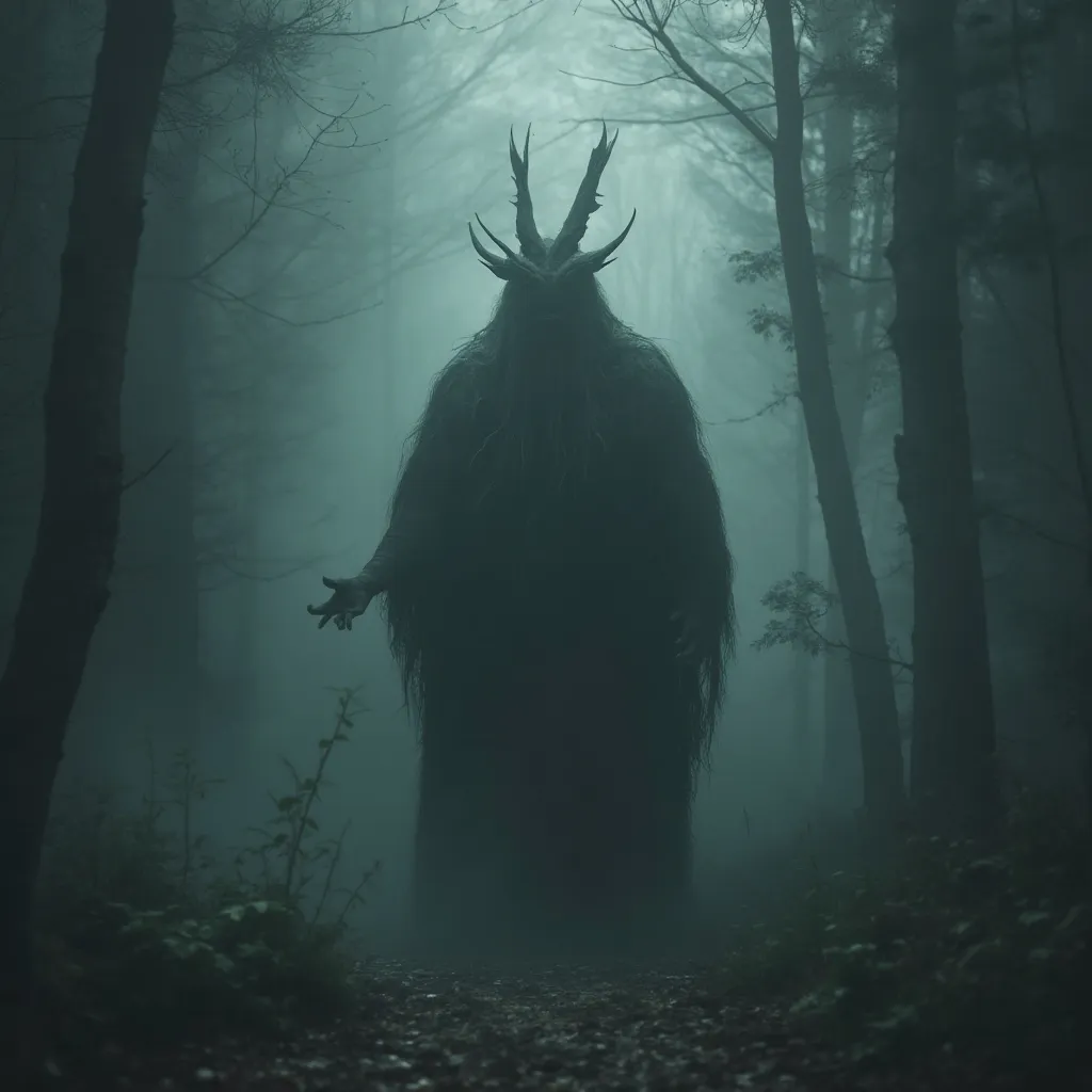 Prompt: Forest god. Dark misty mythical forest. Horror theme