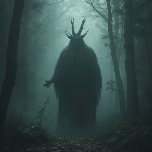 Prompt: Forest god. Dark misty mythical forest. Horror theme