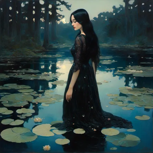 Prompt: <mymodel> dark wooded area tall trees black wood. Moonlight reflecting off a lake. Woman dressed in a black sheer dress, long black hair, porcelain skin, waist deep in the lake, water ripples around her body, Lilly pads scattered on the surface of the lake, moon on the horizon of the lake. Dream like, high resolution, focused detail, masterpiece quality, anatomically correct hands and fingers, light particles floating around the air.