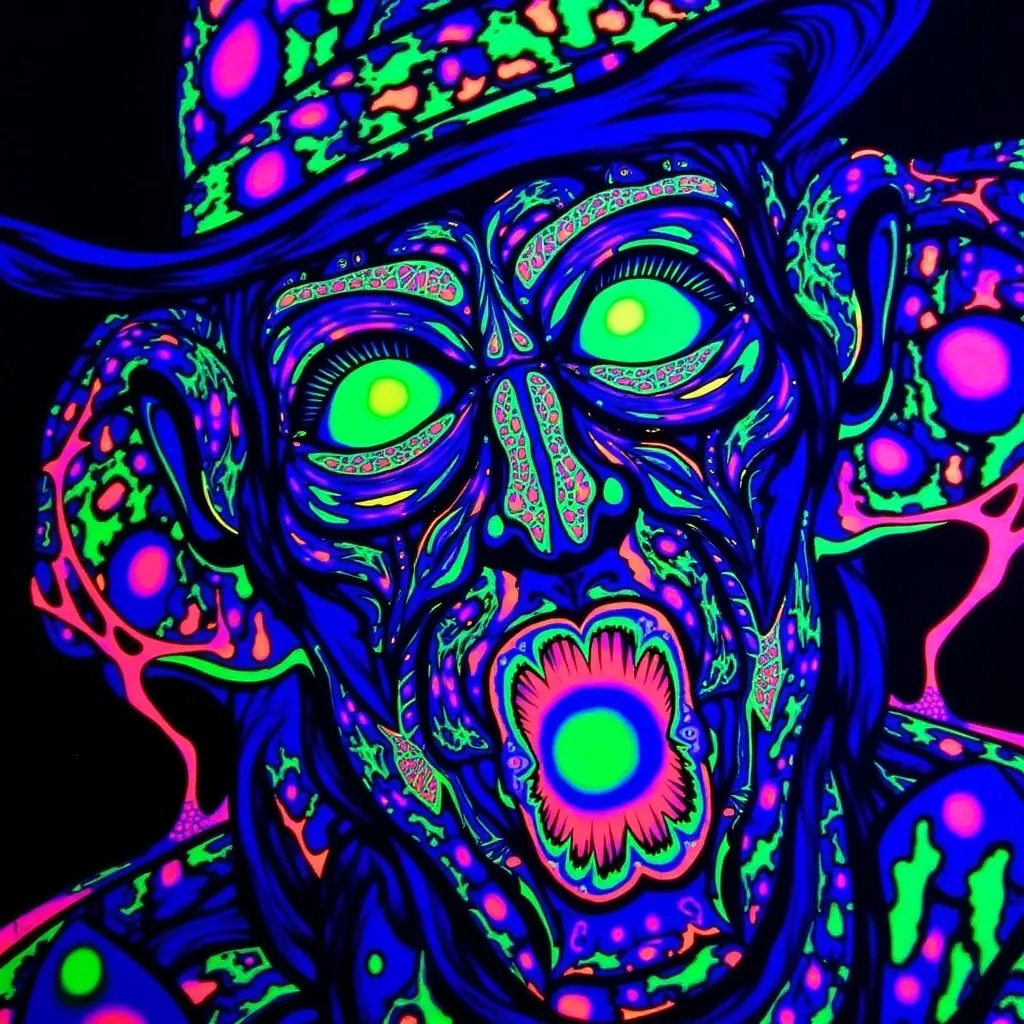 Prompt: (ultra-detailed) face melting, swirling like a whirlpool, distorted twisting features, (black light art), neon colors, high contrast, captivating abstract forms, moody ambiance, enhanced depth perception, mesmerizing composition, surreal atmosphere, intricate details, rich textures, illuminated under black light, dreamlike quality, otherworldly visuals.