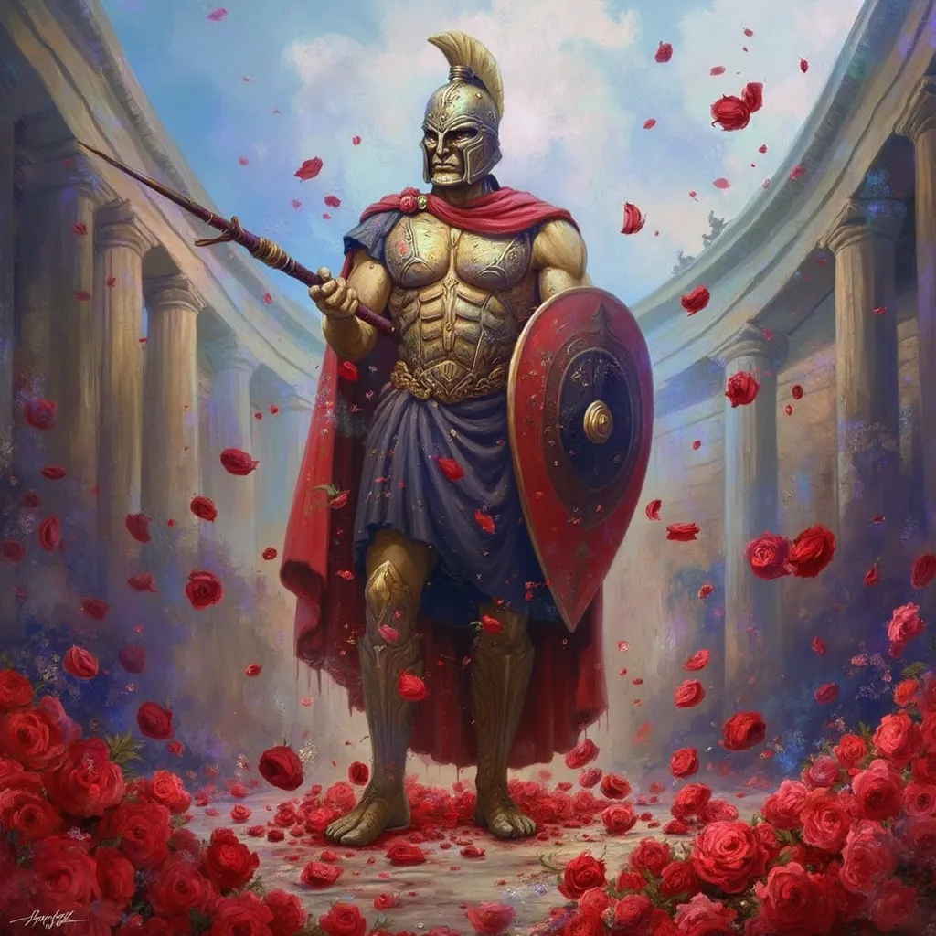 Prompt: Gladiator standing at the center of a colosseum. His hands raised with weapon and shield, crowd throwing roses around him.