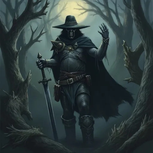 Prompt: (Preyer Witch hunter), dramatic pose in a moonlit forest, wearing rugged leather armor with a with hunter pilgrim hat and a cloak silver mask, holding a silver sword and a flint lock pistol, intense expression, atmospheric mist swirling around, vibrant shadows and dynamic contrasts, rooted in folklore with gothic elements, deeply engaging and mysterious ambiance, (ultra-detailed) depiction, 4K resolution.