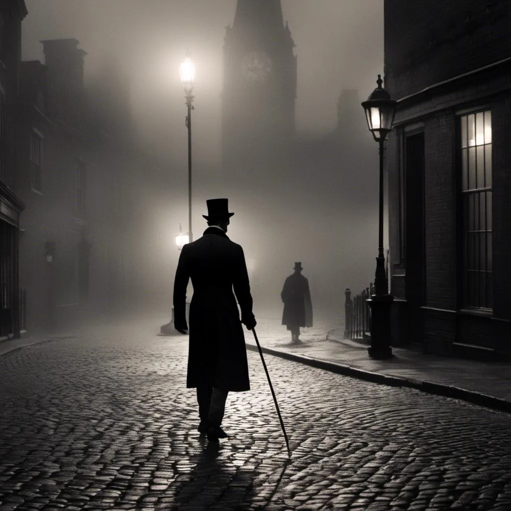 Prompt: <mymodel>(mymodel) man wearing top hat and wielding a cane, walking through old London streets, dark and mysterious atmosphere, moonlit night casting soft silvery light, cobblestone pathways reflecting faint glow, smoky fog swirling around historic buildings, dramatic shadows, high quality, cinematic depth, enchanting and eerie mood, capturing the essence of Victorian elegance.