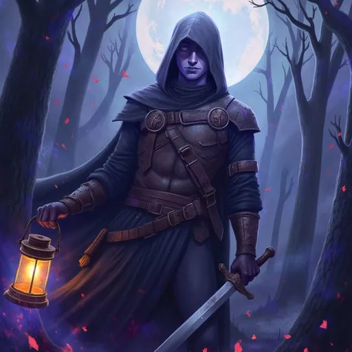 Prompt: (Preyer Witch hunter), dramatic pose in a moonlit forest, wearing rugged leather armor with a hood and a cloak, holding a silver sword and a lantern, intense expression, atmospheric mist swirling around, vibrant shadows and dynamic contrasts, rooted in folklore with gothic elements, deeply engaging and mysterious ambiance, (ultra-detailed) depiction, 4K resolution.