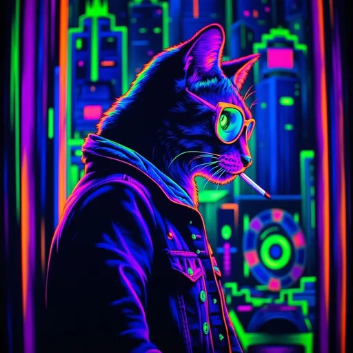 Prompt: Cat (humanoid) wearing sunglasses, denim jacket, smoking a cigarette, staring out the window, (futuristic city skyline) in the background, illuminated by neon colors, (black light art) style, vibrant colors glowing against dark tones, (highly detailed), moody ambiance, ethereal atmosphere, captivating scene, 4K quality.