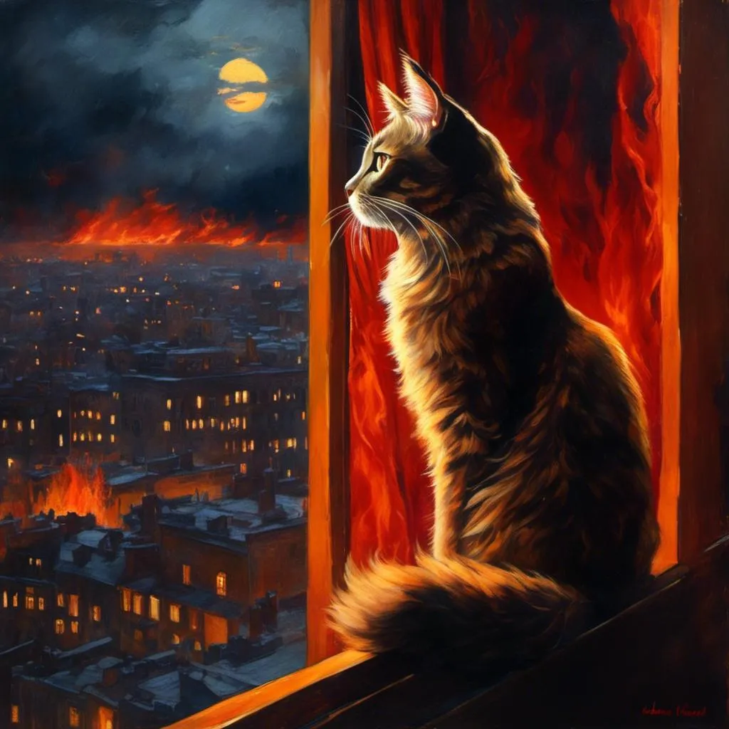 Prompt: <mymodel>(mymodel) cat perched on a window, gazing into a fiery cityscape, flames illuminated against a dark sky, dramatic tones, vivid reds and oranges, smoke swirling in the air, high detail, moody atmosphere, urban environment, nighttime, powerful contrast, cinematic lighting, ultra-detailed, surreal and intense emotional vibe.