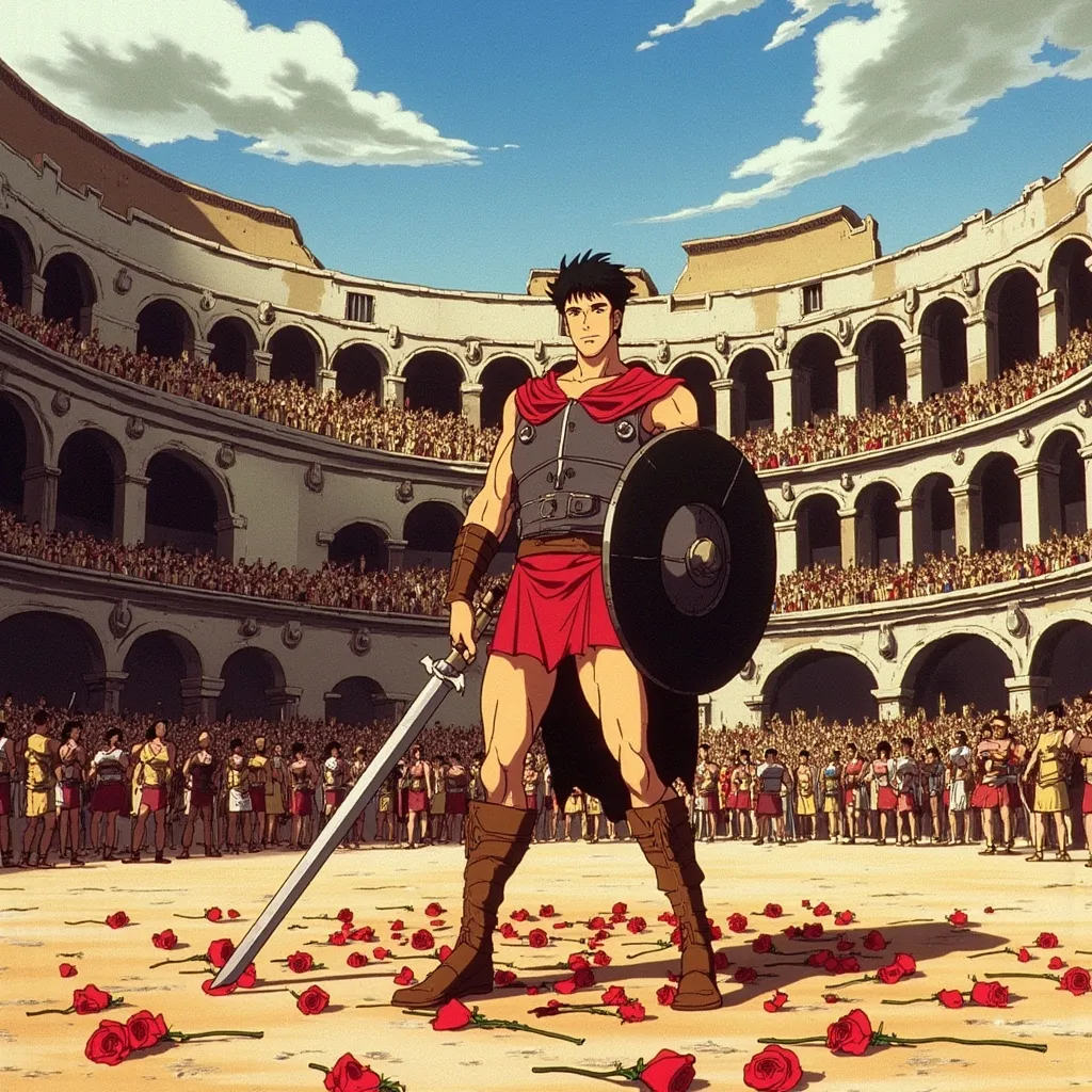 Prompt: Gladiator standing at the center of a colosseum. His hands raised with weapon and shield, crowd throwing roses around him.