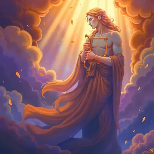 Prompt: Apollo, (God of the Sun), radiant golden light pouring down, ethereal presence, holding a lyre, surrounded by a celestial atmosphere, vibrant sun-beams, illuminating the background with a dreamy haze, inspired by classical mythology, capturing divine serenity, flowing robes, detailed symbolism, (highly detailed), (4K).