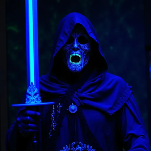 Prompt: Silver mask, black ornate armor, tattered cloak, pilgrim hat, bandolier, silver sword (glowing), moody and atmospheric lighting,low contrast shadows, standing in the dark, intricate details, darkened background with faint glimmers of light, captivating and mysterious vibe, focus on grainy textures, lowres. (Black light art)