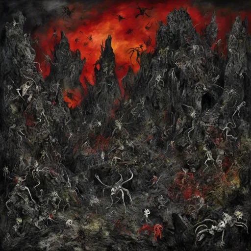 Prompt: <mymodel>(mymodel) depiction of hell, vivid imagery, (dramatic color schemes), intense reds and blacks, tumultuous and chaotic atmosphere, swirling flames, dark and sinister landscape, jagged rocks and fiery pits, eerie shadows, high quality, ultra-detailed, cinematic lighting, evokes feelings of horror and despair, surreal elements incorporating twisted figures, haunting visuals.