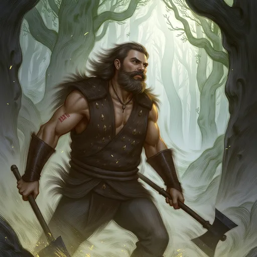 Prompt: barbarian holding a two-handed axe, (muscular and fierce expression), strong physique, wild hair and beard, leather armor with fur and rugged details, antique battle scars on skin, (dramatic posture), forest backdrop with ancient trees, shafts of sunlight piercing through foliage, atmospheric and action-packed mood, (dynamic composition), ultra-detailed, high-quality 4K resolution.