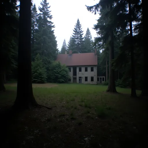 Prompt: dark forest, (single desolate building), run-down architecture, overgrown vegetation, eerie atmosphere, (moody lighting), shadows cast upon the landscape, mist creeping through the trees, (somber tones), contrast between darkness of the forest and the faded colors of the building, (low resolution), haunting ambiance, (grainy texture) quality, a sense of isolation and abandonment.