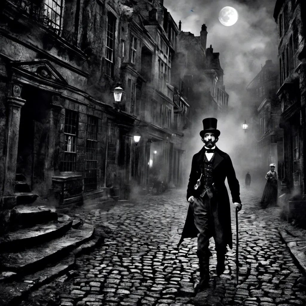 Prompt: <mymodel>(mymodel) man wearing top hat and wielding a cane and a knife, walking through old London streets, dark and mysterious atmosphere, moonlit night casting soft silvery light, cobblestone pathways reflecting faint glow, smoky fog swirling around historic buildings, dramatic shadows, high quality, cinematic depth, enchanting and eerie mood, capturing the essence of Victorian elegance.