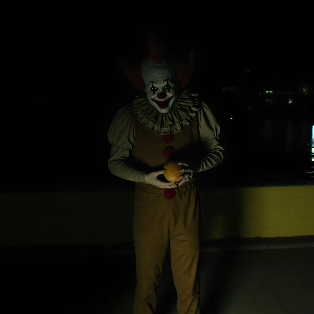 Prompt: (cropped image) McDonald's clown, holding a burger, hiding in a dark setting, eerie atmosphere, low resolution, grainy texture, retro vibes, dramatic shadows, unsettling mood, background obscured in darkness, captivating mystery, vintage film-like quality, dimly lit scene, hints of bright colors from the clown’s outfit contrasting with the gloom.