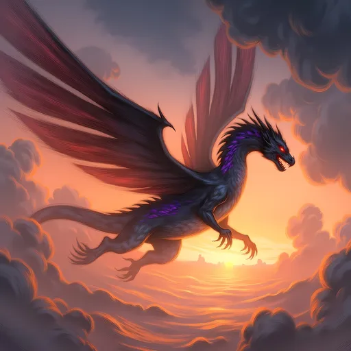 Prompt: (majestic dragon), vibrant scales with shimmering hues, intricate details and powerful wings, soaring through a dramatic sunset sky, creating a sense of awe, striking background with swirling clouds, richly saturated colors, ultra-detailed, mythic atmosphere, high-quality, cinematic ambiance, impressive artwork suitable for epic fantasy themes.