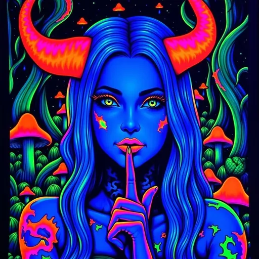 Prompt: Demon girl with (neon blue hair), striking red horns, bold neon tattoos glimmering, middle finger pressed against her lips in a shushing gesture, surrounded by a (mystical forest), vibrant mushrooms glowing softly, (black light art) creating an ethereal light, intricate details, atmospheric glow, enchanting ethereal ambiance, high quality, ultra-detailed, vivid colors capturing a surreal, magical essence.