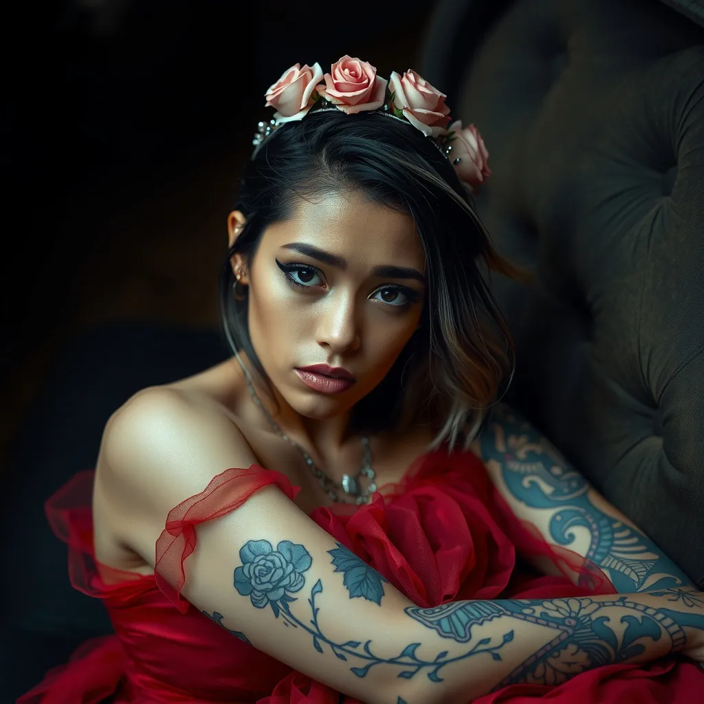 Prompt: Young woman, smooth face, brown skin, black hair, silver highlights, wearing rose crown, fully tattooed, wearing sheer red dress, lying on a black couch, sad expression, dark makeup. Photorealism, dark atmosphere.