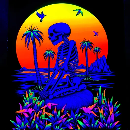 Prompt: Accurate text: Memento Mori / Memento Viviere. Skeleton surrounded by birds, palm trees, sunset.