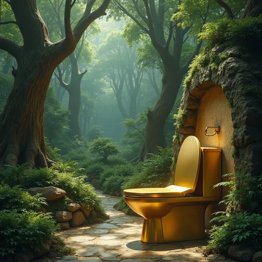 Prompt: The most breathtaking mythical forest magical never before seen by human eyes. With a golden plated futuristic toilet.