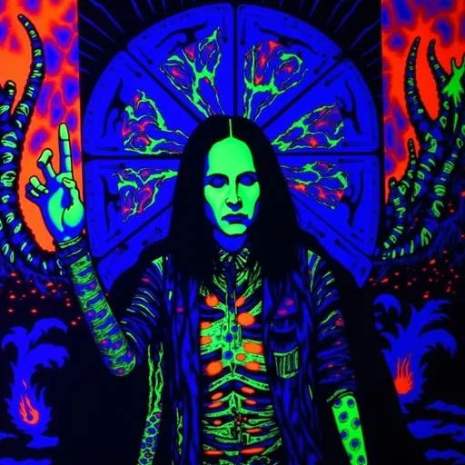 Prompt: (Marilyn Manson) under black light, striking poses, vibrant glowing colors, (abstract patterns) surrounding him, atmospheric mood, surreal visuals, illumination creates a dark yet captivating scene, ethereal glow enhancing his iconic features, ultra-detailed, high contrast, outdoors setting with haunting elements, psychedelic art style, immersive experience in a night environment, captivating and enigmatic.