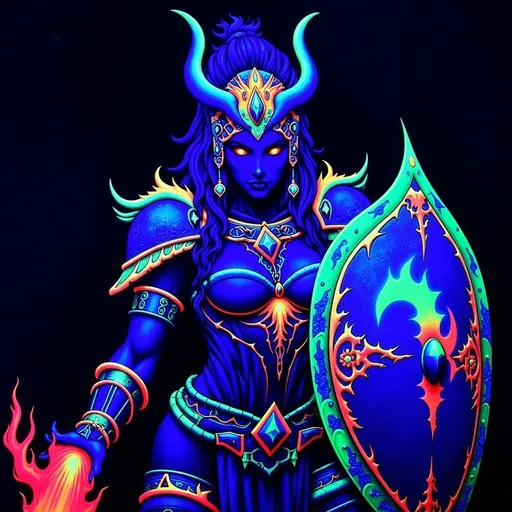 Prompt: Shield maiden, (black light art), fierce warrior, illuminated shield, glowing armor, dynamic pose, intricate patterns, mystical ambiance, dark background, vibrant colors glowing in contrast, fierce expression, ethereal lighting, ultra-detailed, high quality, fantasy theme, radiant highlights, mythical atmosphere.