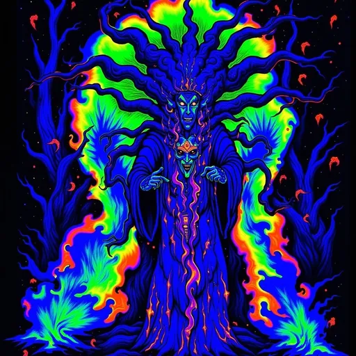 Prompt: Baron Samedi (black light art), mysterious figure, vivid colors, luminescent details, (ethereal glow), surrounded by surreal symbols, dynamic patterns glowing against a dark background, creating atmospheric tension, (4K), (ultra-detailed), captivating ambiance, invoking themes of life and death, Haitian Vodou elements, engaging visual narrative.