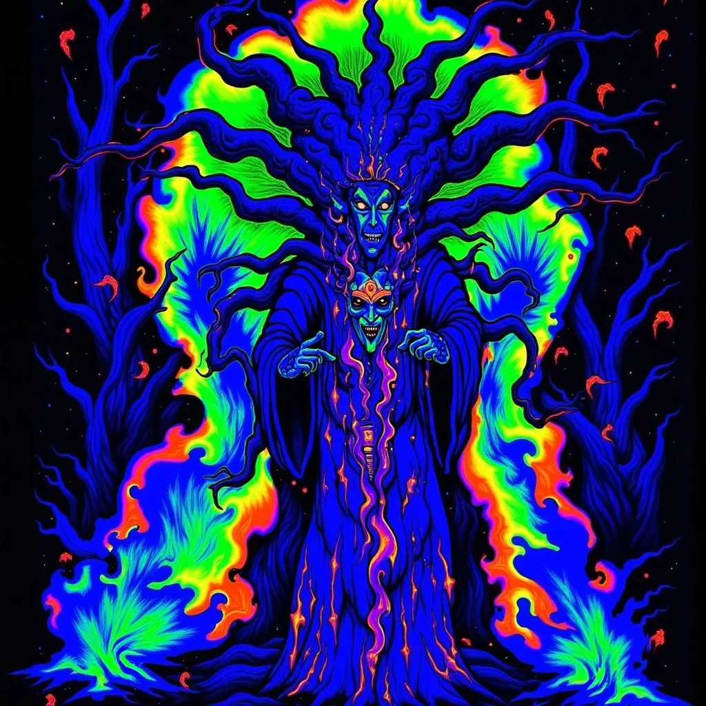 Prompt: Baron Samedi (black light art), mysterious figure, vivid colors, luminescent details, (ethereal glow), surrounded by surreal symbols, dynamic patterns glowing against a dark background, creating atmospheric tension, (4K), (ultra-detailed), captivating ambiance, invoking themes of life and death, Haitian Vodou elements, engaging visual narrative.