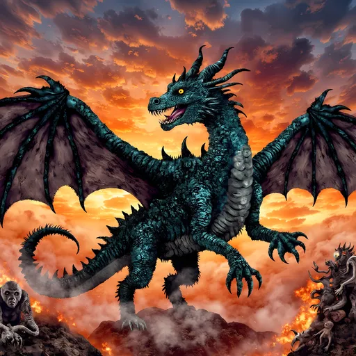 Prompt: (majestic dragon), vibrant scales with shimmering hues, intricate details and powerful wings, soaring through a dramatic sunset sky, creating a sense of awe, striking background with swirling clouds, richly saturated colors, ultra-detailed, mythic atmosphere, high-quality, cinematic ambiance, impressive artwork suitable for epic fantasy themes.