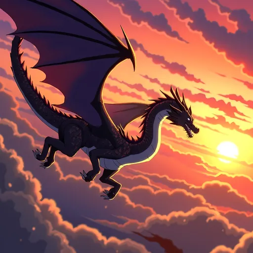 Prompt: (majestic dragon), vibrant scales with shimmering hues, intricate details and powerful wings, soaring through a dramatic sunset sky, creating a sense of awe, striking background with swirling clouds, richly saturated colors, ultra-detailed, mythic atmosphere, high-quality, cinematic ambiance, impressive artwork suitable for epic fantasy themes.