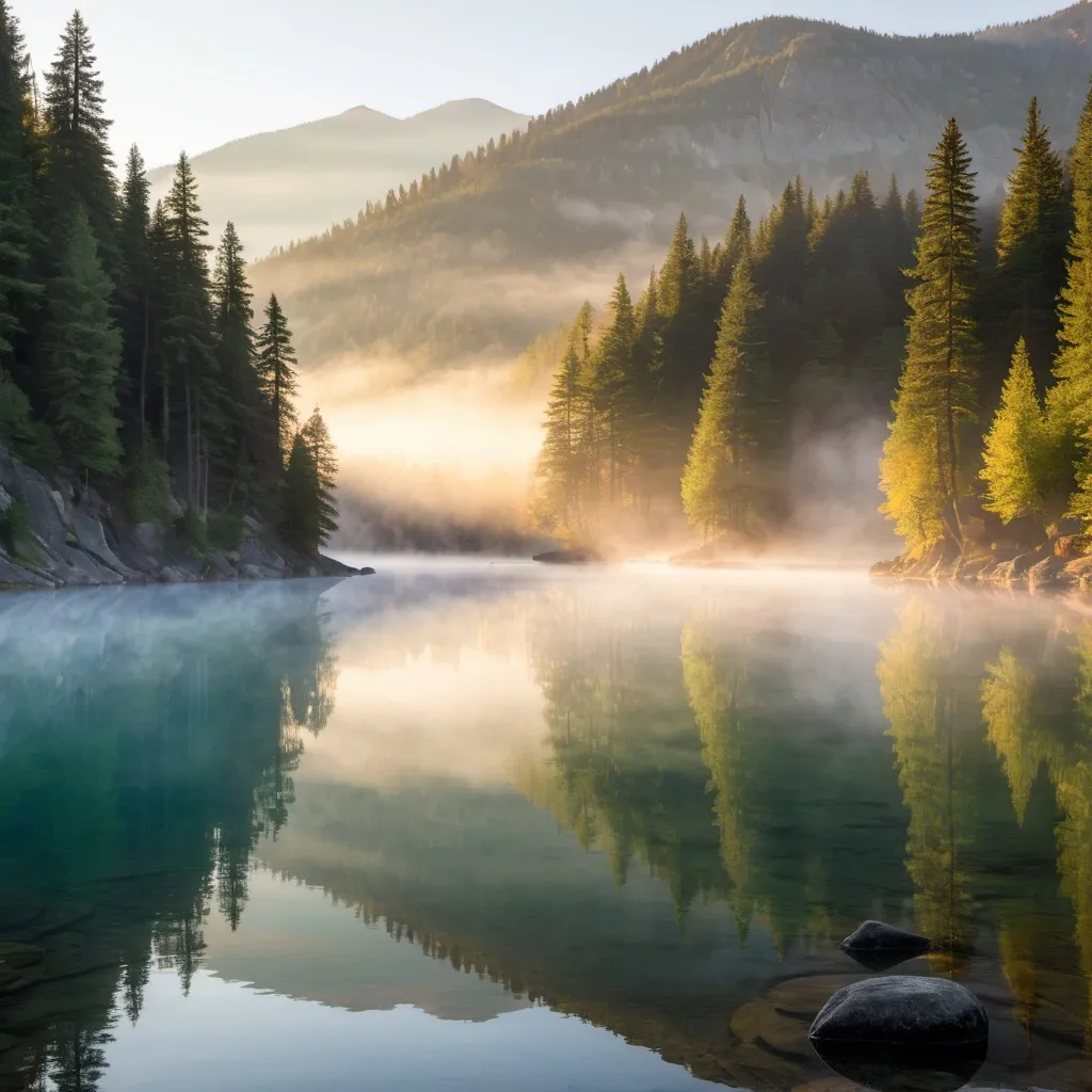 Prompt: A serene mountain lake at sunrise with mist rising from the water and trees reflecting on the surface.