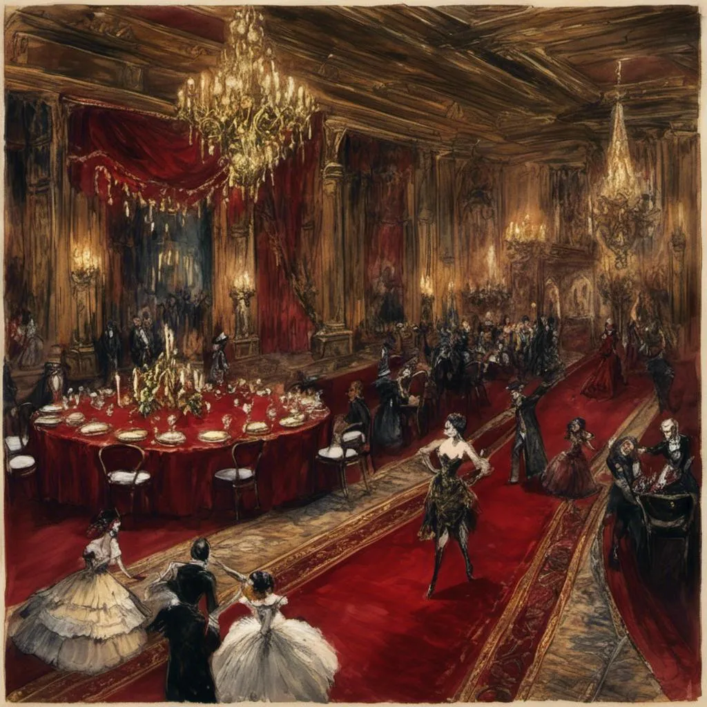 Prompt: <mymodel>Victorian style ball, (masquerade), elegant people dancing, ornate masks, festive atmosphere, (grand orchestra), exquisite ballroom, opulent chandeliers, rich color palette of deep reds and golds, (highly detailed), textured fabrics, intricate patterns on gowns and suits, luxurious furnishings, soft candlelight flickering, (4K) quality, enchanting ambiance.