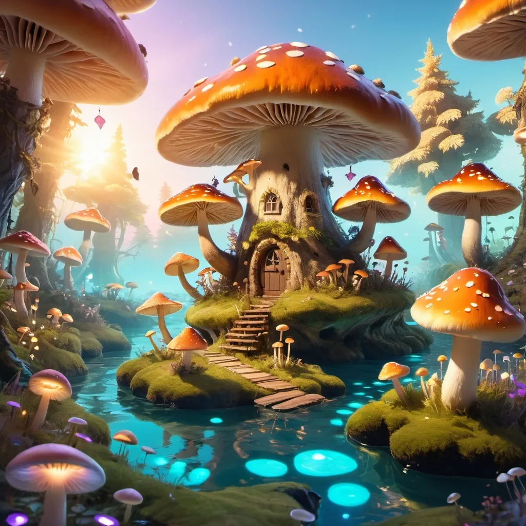 Prompt: A mystical forest with glowing mushrooms and floating islands at sunset, surrounded by magical creatures.